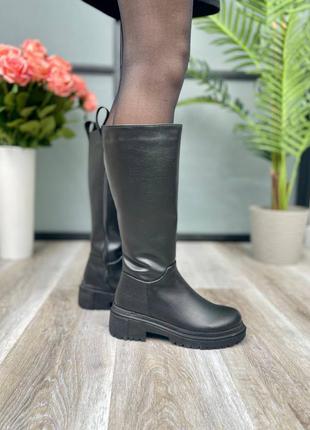 Boots leather high black zip сапоги женские