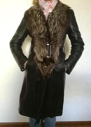 Кожаный зимний тренч (плащ, пальто) с мехом