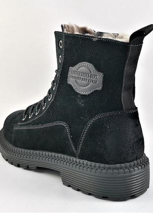 Ботинки зимние замшевые кожаные мужские  кроссовки мех чёрные3 фото