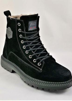 Ботинки зимние замшевые кожаные мужские  кроссовки мех чёрные6 фото