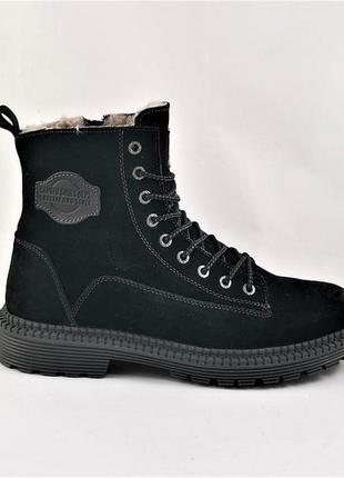 Ботинки зимние замшевые кожаные мужские  кроссовки мех чёрные4 фото