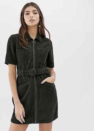 Вельветовое платье мини цвета хаки с поясом asos