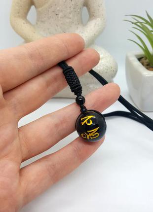🌞⚫️ стильный кулон на шнурке "шарик" натуральный камень черный агат с иероглифами6 фото
