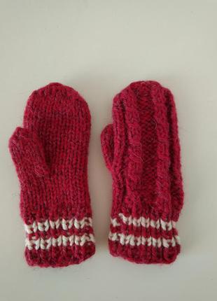 Теплые вязаные детские шерстяные рукавички рукавицы варежки красные до 1года
