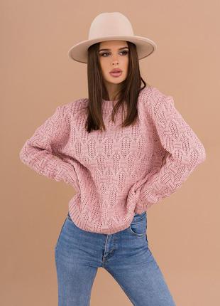 Рожевий вовняний светр з комбінованим візерунком1 фото