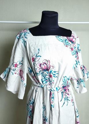 Цветочное платье с поясом натуральная ткань в составе лен2 фото