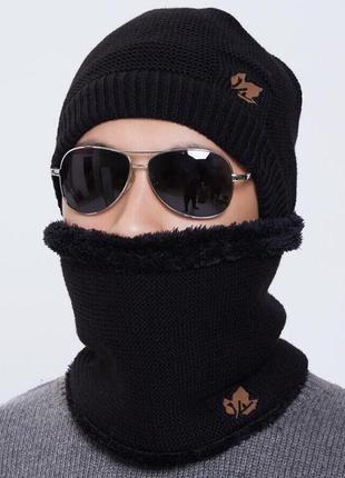 Теплый комплект: мужская зимняя черная шапка с мехом + снуд бафф хомут с меховой подкладкой2 фото