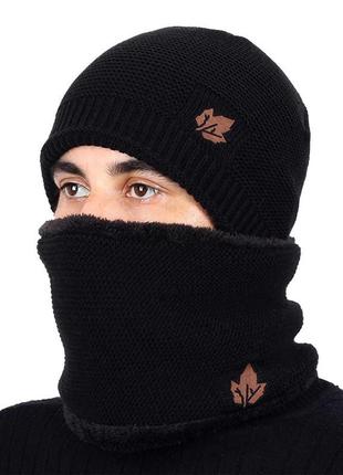 Теплый комплект: мужская зимняя черная шапка с мехом + снуд бафф хомут с меховой подкладкой10 фото