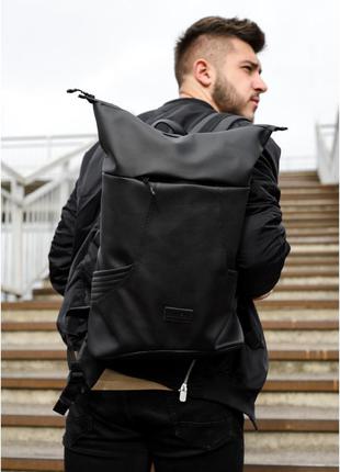 Чоловічий чорний рюкзак роллтоп міський, для поїздок, повсякденний рол еко-шкіра (якісний кожзам)3 фото