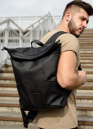 Чоловічий чорний рюкзак роллтоп міський, для поїздок, повсякденний рол еко-шкіра (якісний кожзам)9 фото