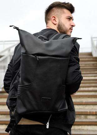 Чоловічий чорний рюкзак роллтоп міський, для поїздок, повсякденний рол еко-шкіра (якісний кожзам)8 фото