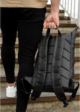Чоловічий чорний рюкзак роллтоп міський, для поїздок, повсякденний рол еко-шкіра (якісний кожзам)5 фото