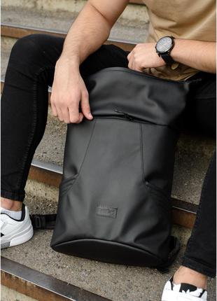 Чоловічий чорний рюкзак роллтоп міський, для поїздок, повсякденний рол еко-шкіра (якісний кожзам)4 фото
