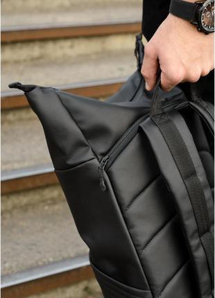Чоловічий чорний рюкзак роллтоп міський, для поїздок, повсякденний рол еко-шкіра (якісний кожзам)6 фото