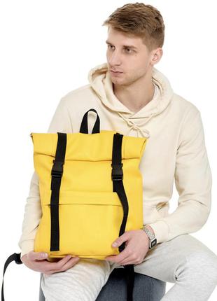Модный мужской рюкзак желтый роллтоп (ролл) эко-кожа повседневный, городской, для поездок, ноутбука 15,62 фото