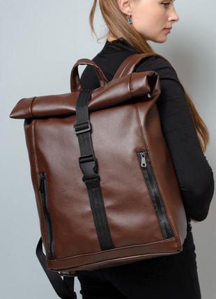 Модный женский городской коричневый рюкзак роллтоп экокожа (качественный кожзам)