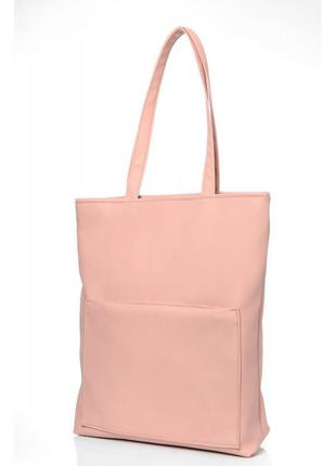 Стильна жіноча сумка шоппер з великою кишенею на блискавці і двома ручками матова пудра екошкіра1 фото