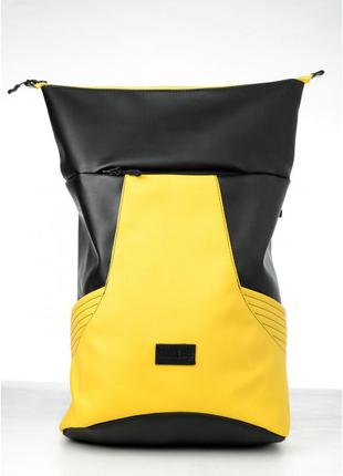 Місткий жіночий рюкзак роллтоп з еко-шкіри міський, для поїздок, ноутбука, чорний-жовтий2 фото