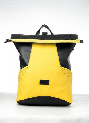Місткий жіночий рюкзак роллтоп з еко-шкіри міський, для поїздок, ноутбука, чорний-жовтий