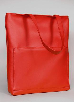 Стильная женская красная сумка шоппер с большим карманом на молнии и двумя ручками матовая экокожа