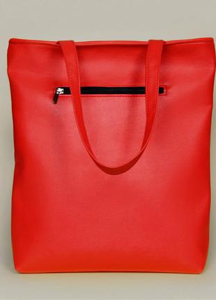 Стильная женская красная сумка шоппер с большим карманом на молнии и двумя ручками матовая экокожа3 фото