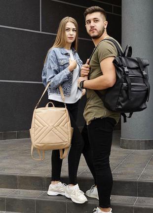 Вместительный повседневный, городской женский рюкзак-сумка темно-синий из экокожи