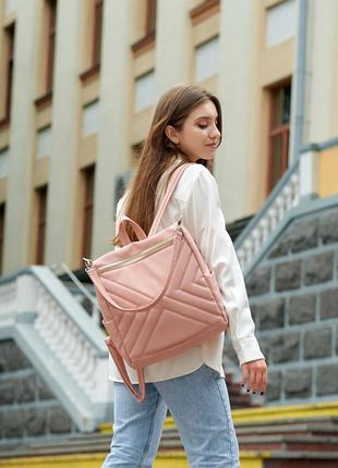 Стльный женский вместительный пудровый рюкзак-сумка городской, повседневный из экокожи пудра (светло-розовый)
