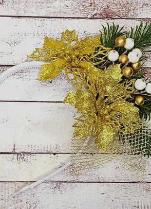 Прикраса на обідку новорічне різдвяне дизайнерське віночок з пуансеттії і ягід + подарунок2 фото
