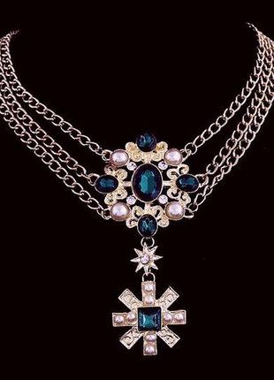 🏵️відеоогляд! ефектне кольє у вінтажному стилі на ланцюгах з зеленими кристалами, нове!!! арт. 1901