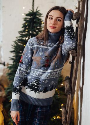 Вовняний светр з оленями, новорічний светр3 фото