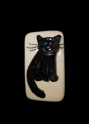 Винтажная брошь ручная работа керамика роспись кот кошка прямоугольная3 фото