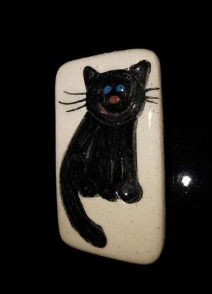 Винтажная брошь ручная работа керамика роспись кот кошка прямоугольная2 фото