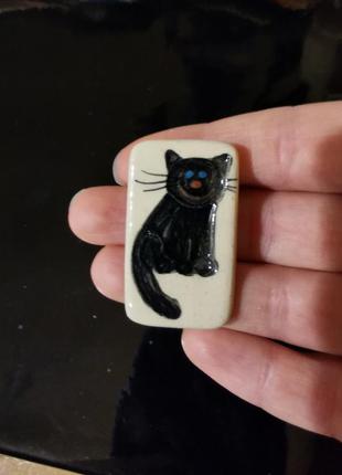 Винтажная брошь ручная работа керамика роспись кот кошка прямоугольная4 фото