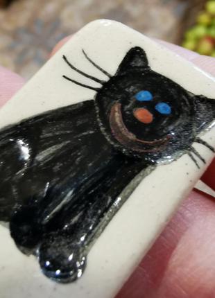 Винтажная брошь ручная работа керамика роспись кот кошка прямоугольная5 фото