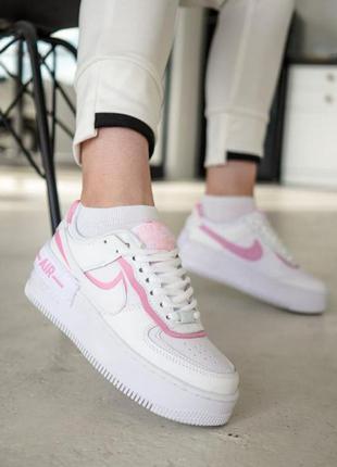 Nike air force shadow white pink женские шикарные белые розовые кроссовки найк форс жіночі стильні брендові кросівки рожеві білі