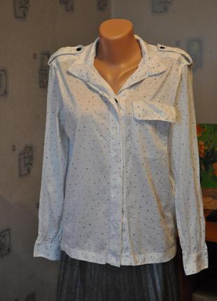 Хлопковая белая рубашка блузка блуза из хлопка в мелкий синий принт