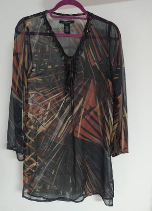 Свободная полупрозрачная блуза с вырезом, украшена бисером,  шифон1 фото