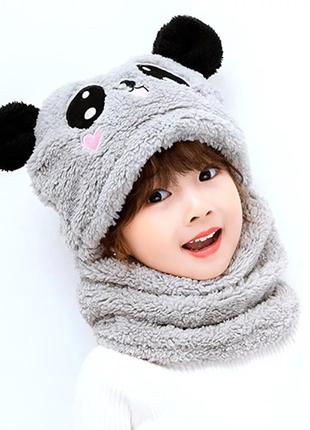 Детский снуд панда с ушками (мишка) теплая шапка-шарф 2 в 1 зимняя шапка-шлем, балаклава серый4 фото