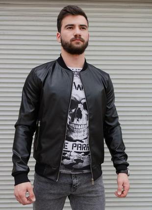 Кожаная мужская куртка бомбер трикотажные манжеты2 фото