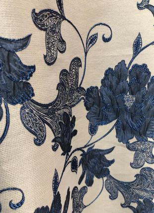 Портьерная ткань для штор жаккард синего цвета с цветочным рисунком2 фото