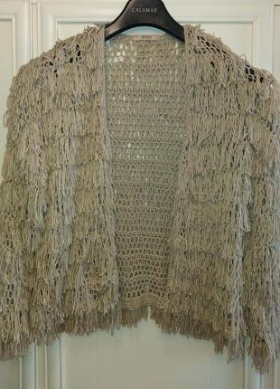 Кардиган, бохо, с бахромой, бежевый, хлопок отвод berska