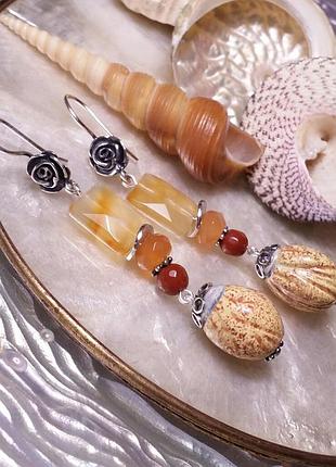 Сердоликовые сережки из серебра и керамики ручной работы