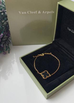 Брендовий браслет конюшина, чорний, мед сталь з покриттям лимонного золота