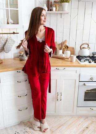 Бархатный комплект тройка, красная пижама штаны+майка+халат, домашний велюровый комплект тройка, пижама халат штаны майка/велюровая пижама2 фото