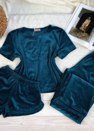 Теплая плюшевая пижама двойка футболка+шорты/тройка штаны+футболка+шорты/велюровий комплект трійка, бархатная пижама тройка