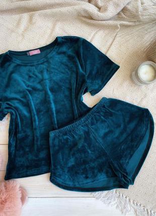 Теплая плюшевая пижама двойка футболка+шорты/тройка штаны+футболка+шорты/велюровий комплект трійка, бархатная пижама тройка2 фото