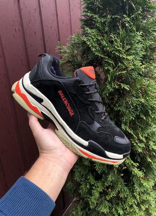 Мужские зимние кроссовки с мехом  balenciaga triple s  чорні з помаранчевим