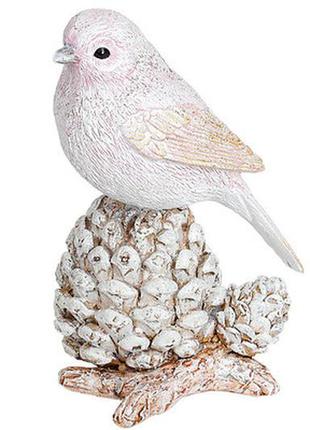 Декоративна статуетка "пташка на шишці" 13.5 см, полістоун, бежево-рожевий