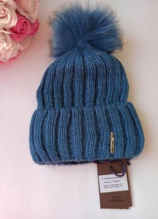 Теплая вязаная шапка колпак с помпоном  leks/jolie ранет внутри флис
