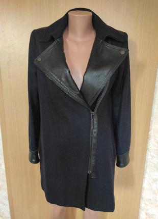 Темно - синее черное  шерстяное пальто с кожаными вставками mango удлиненная косуха2 фото